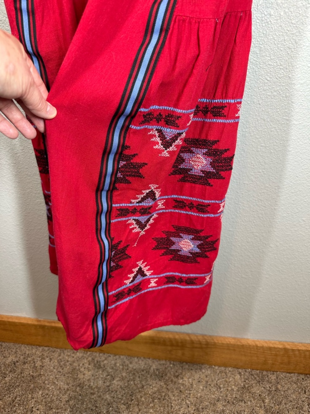 Eloquii Women's Plus Size 14 Red Maxi Dress with Blue Accent Trim & Embroidery - Picture 5 of 9